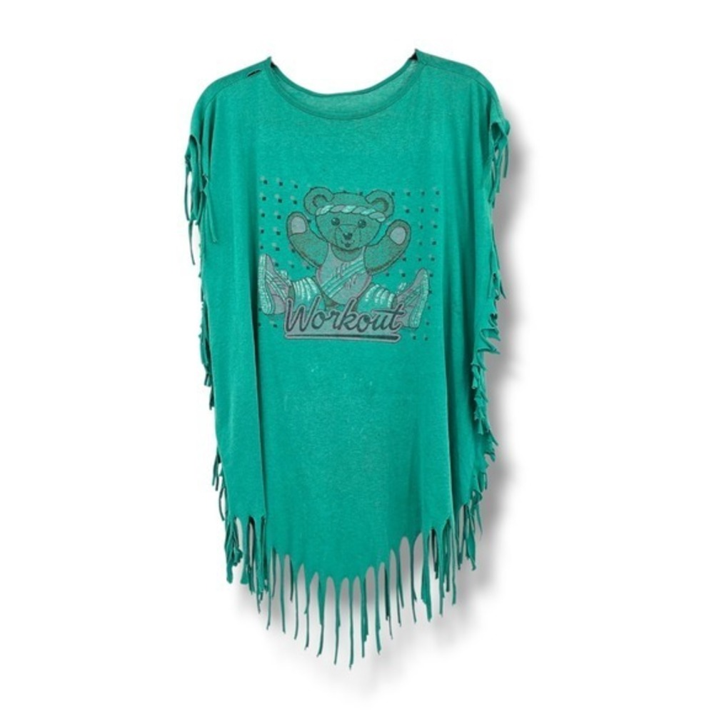 Vintage Workout Bear T Shirt Fringe Sleeveless Top Women's Green Graphic Cute